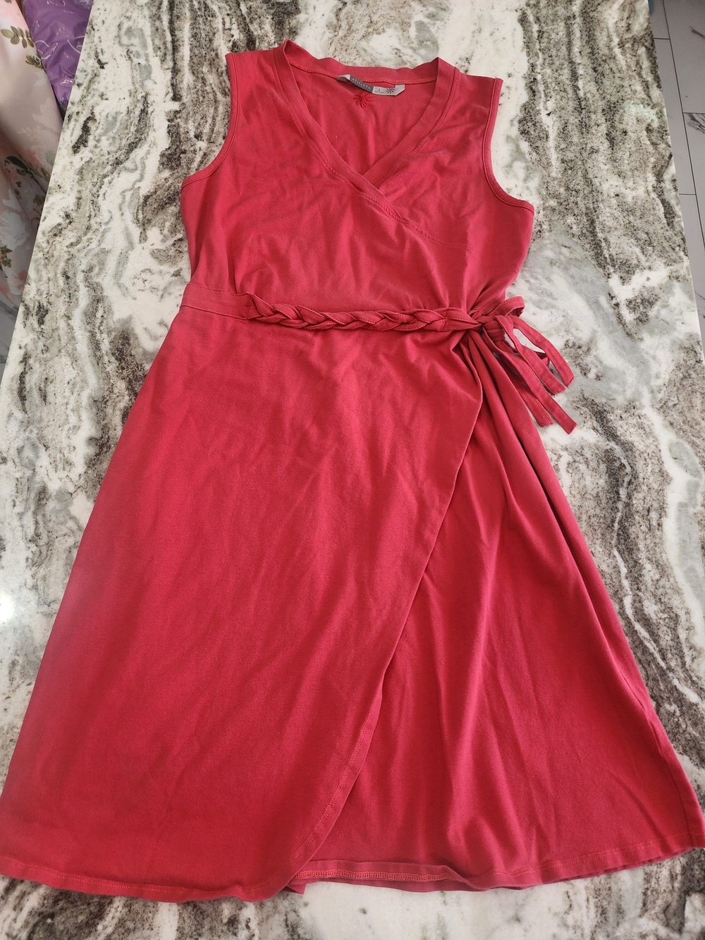 Athleta Coral Pink Sleeveless Wrap Midi Dress with Braided Tie